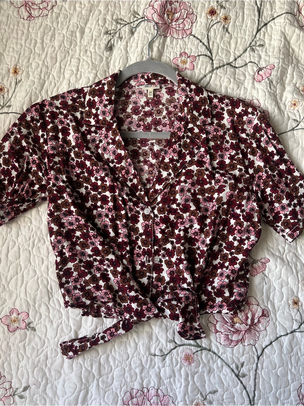 Button-Front Floral Tie-Front Top - Pink & Burgundy